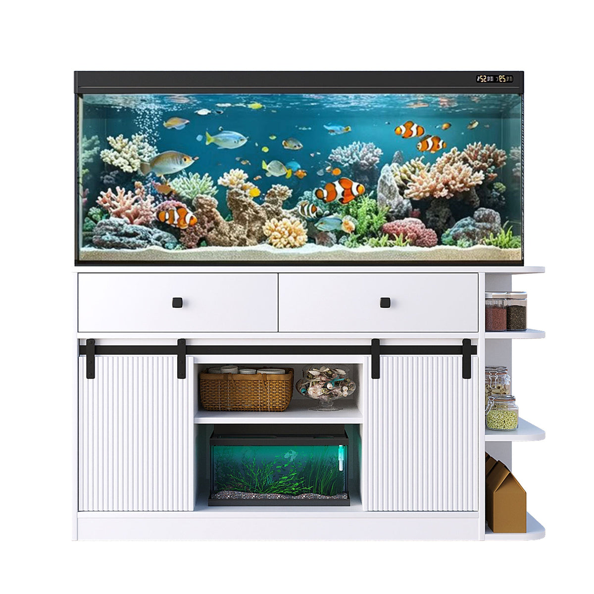 Roomfitters 75 Gallon Fish Tank Stand with Smart App RGB LED Lights Sliding Fluted Doors and Power Outlets White Roomfitters