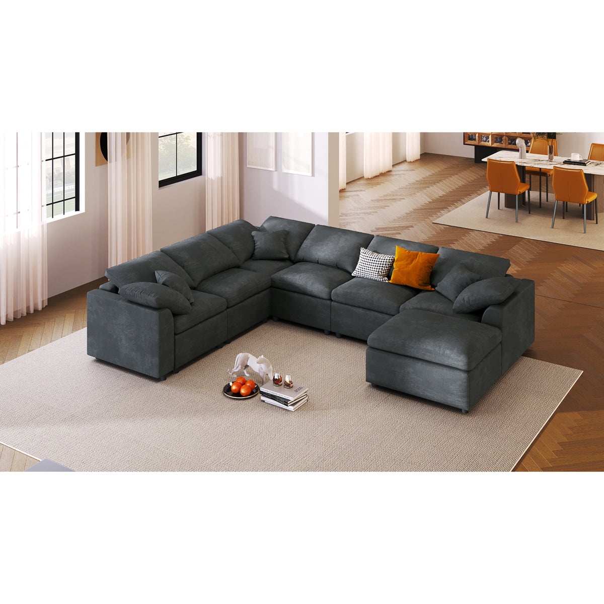 variant-group:rf-n711wy000453aae|Roomfitters 7-Seater Modular Sectional Sofa with Ottoman, Extra Large L-Shape Chenille Upholstered Couch, Gray