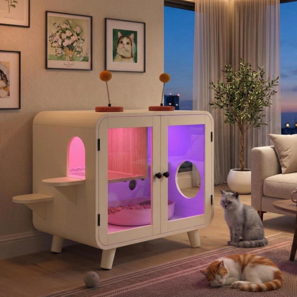 variant-group:rf-n704p419240a|Roomfitters Retro TV-Style Hidden Cat Litter Box Enclosure with App Controlled RGB LED Lights and Stairs Beige