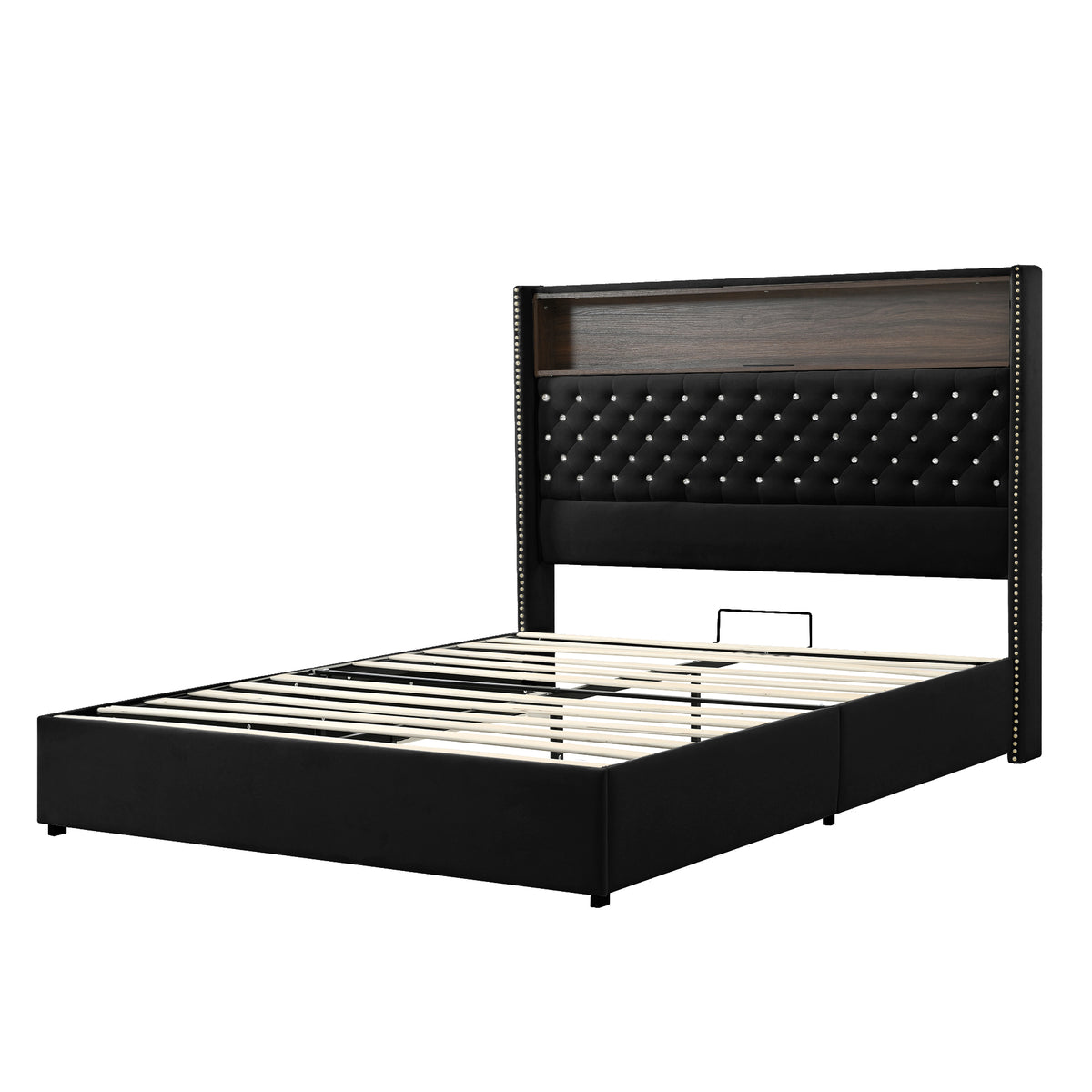 variant-group:rf-n733p367135b|Roomfitters Queen Velvet Tufted Platform Bed with Charging Ports, Tall Wingback Headboard with Rivet Trim and Shelf, Black