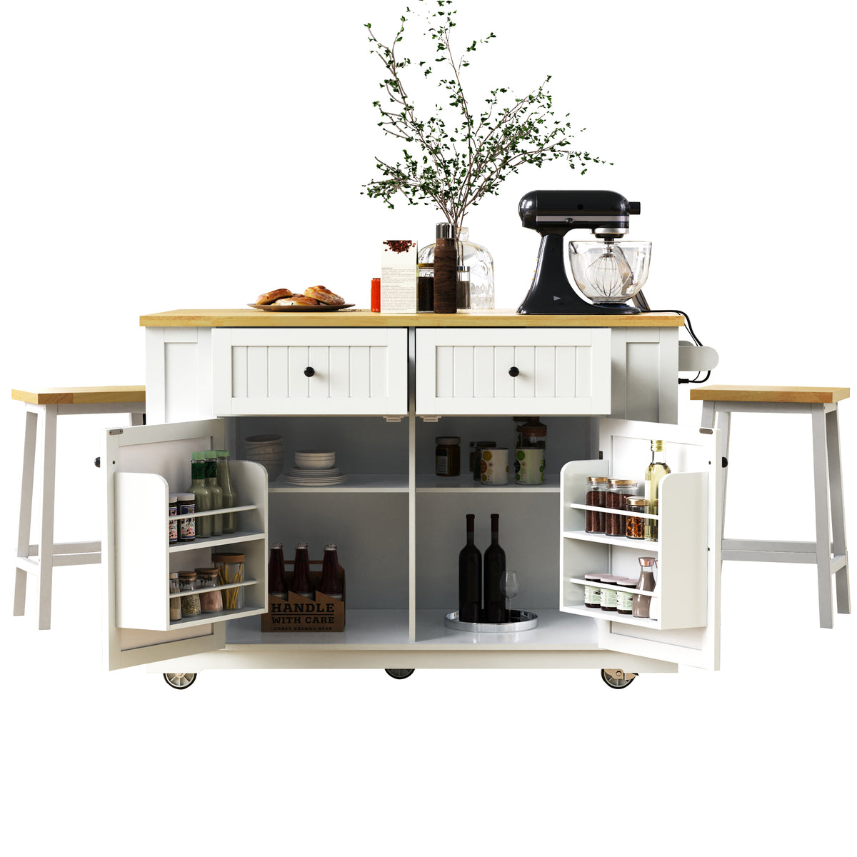 variant-group:rf-n707s257057w|Roomfitters 48" Kitchen Island with Power Outlet and Drop Leaf, Rolling Storage Cabinet with Wood Top and Spice Rack, White