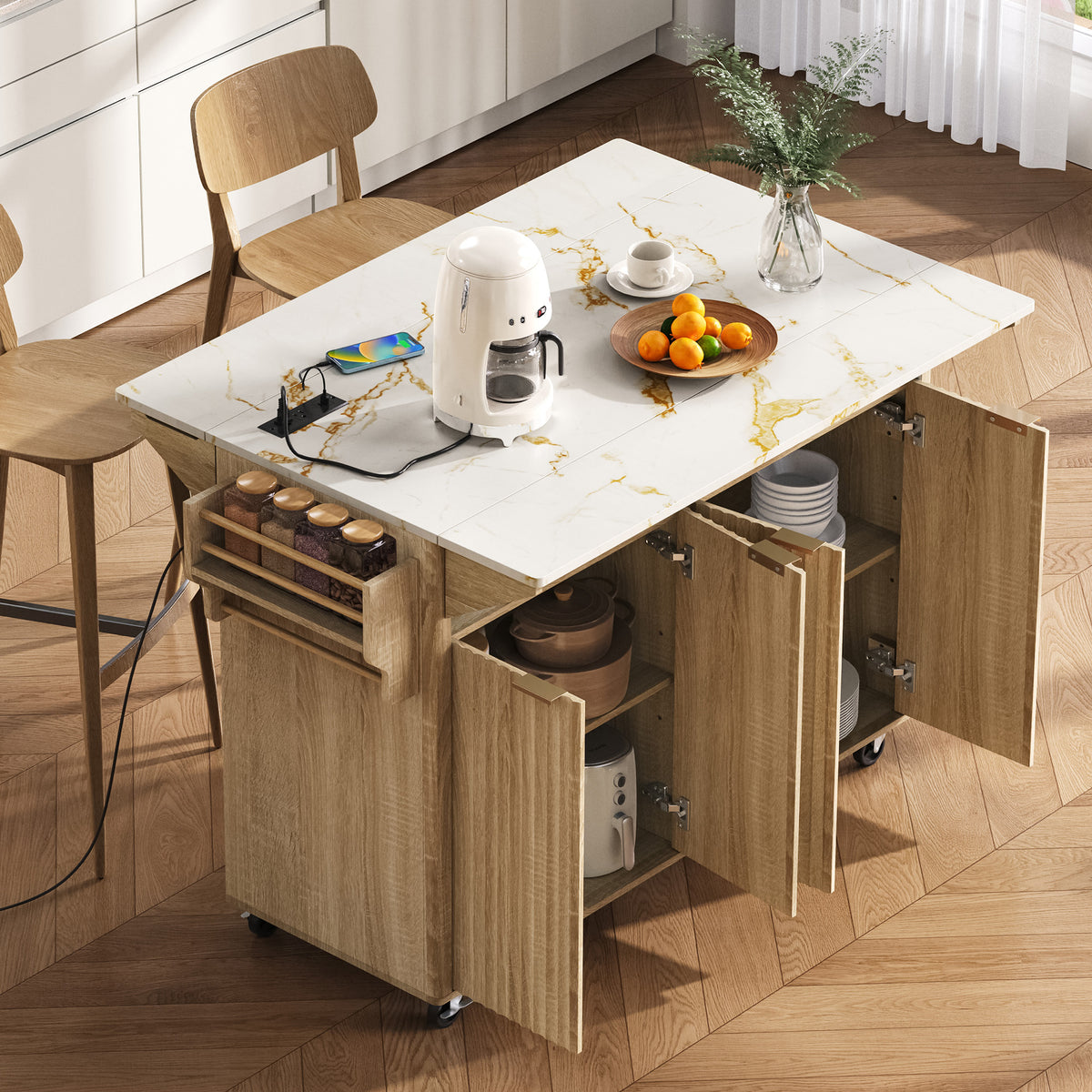variant-group:rf-n707p353934y|Roomfitters 55.5" Fluted Kitchen Island with Double Drop Leaf, Natural Storage Cart with Power Outlet & Faux Marble Top