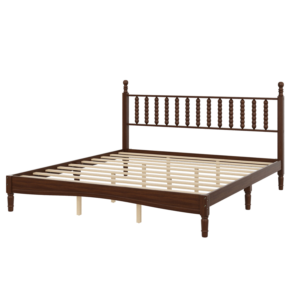 variant-group:rf-n733p338316d|Roomfitters King Wood Platform Bed, Retro Gourd Spindle Headboard with Solid Slat Support, Walnut