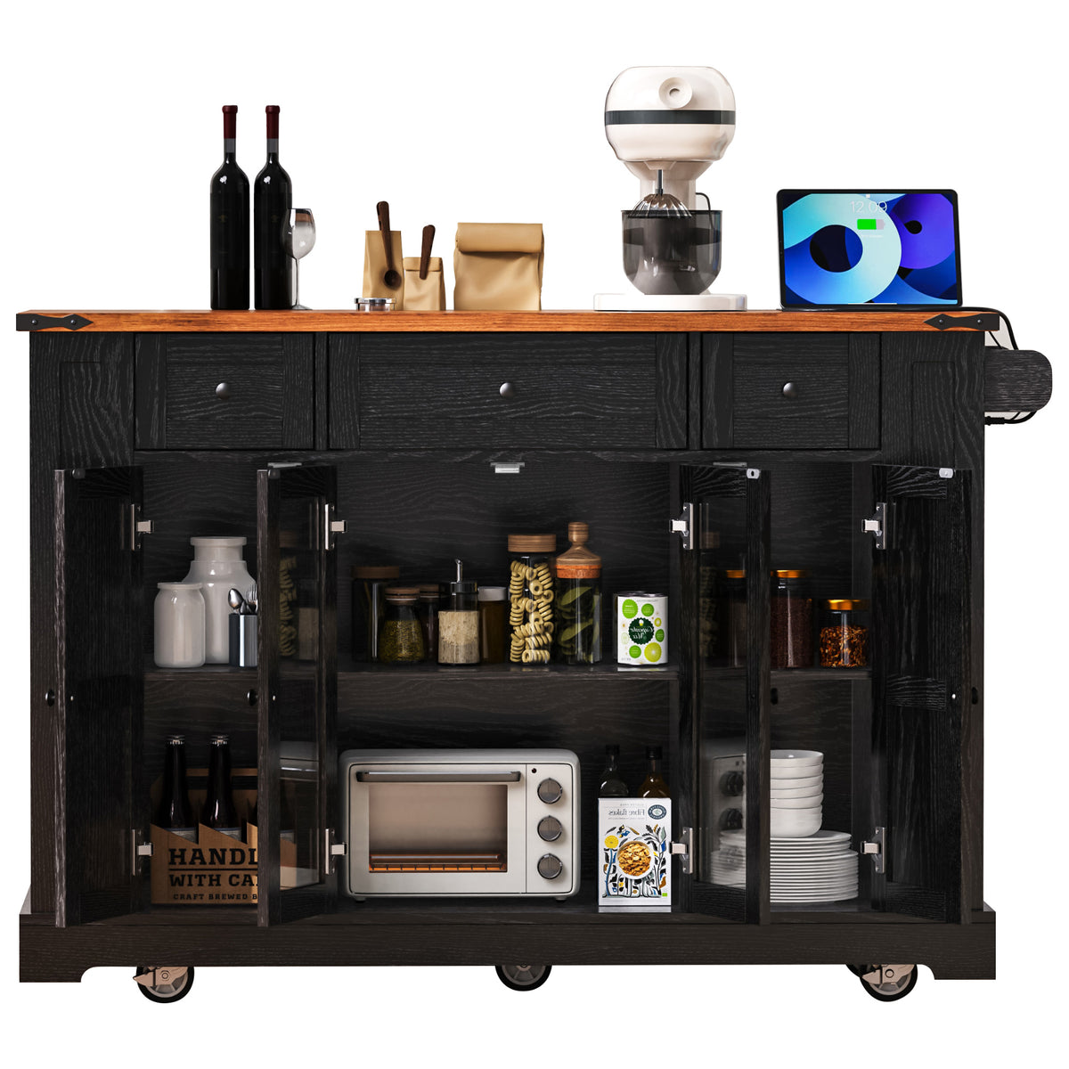 variant-group:rf-n707s263637b|Roomfitters 53" Kitchen Island with Power Outlet, 4 Doors and 3 Drawers, Rolling Storage Cabinet with Glass Doors, Black