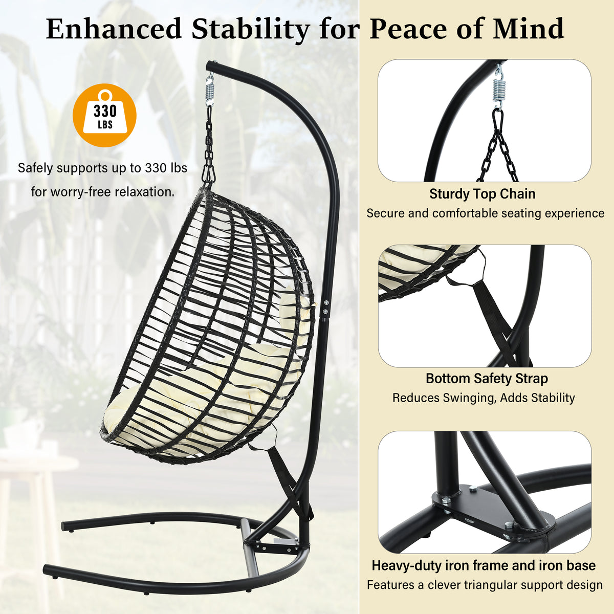 variant-group:rf-n711p389503a|Roomfitters Single Person Folding Egg Chair with Stand, UV Resistant Wicker Rattan Swing for Patio, Garden, Black+Beige