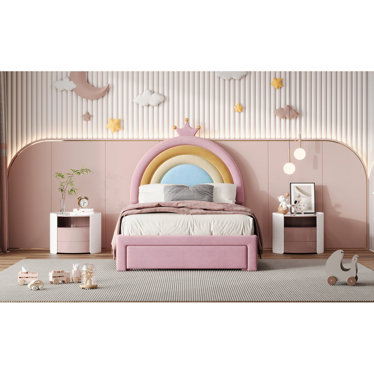 variant-group:rf-n733p234606h|Roomfitters Twin Size Upholstered Rainbow Design Bed, Velvet Princess Platform Bed with Storage Drawer, No Box-spring Needed, Colorful & Pink