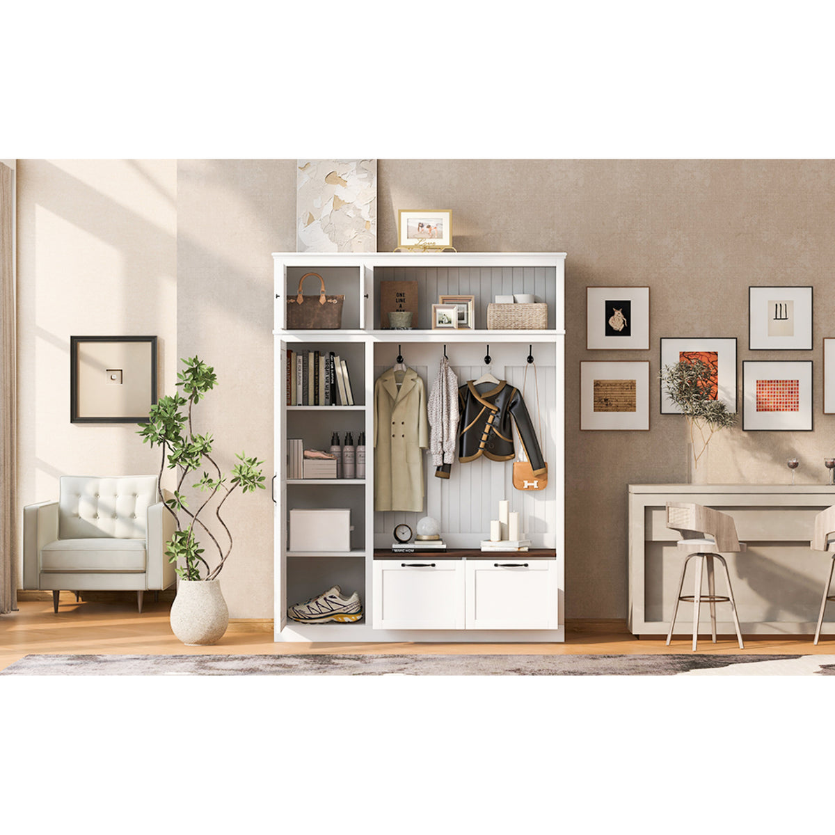 variant-group:rf-n724sj000160aak|Roomfitters 3-in-1 Entryway Hall Tree with Overhead Storage Cabinet, 2 Drawers, White