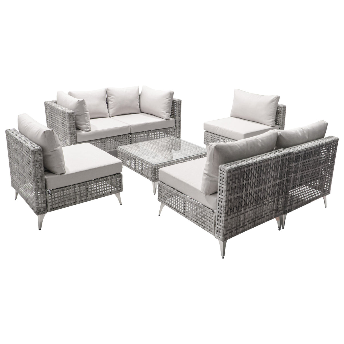 variant-group:rf-n707s000011g|Roomfitters 7-Piece Wicker Patio Furniture Set, Outdoor Sectional Sofa with Water-Resistant Cushions, Table, Grey