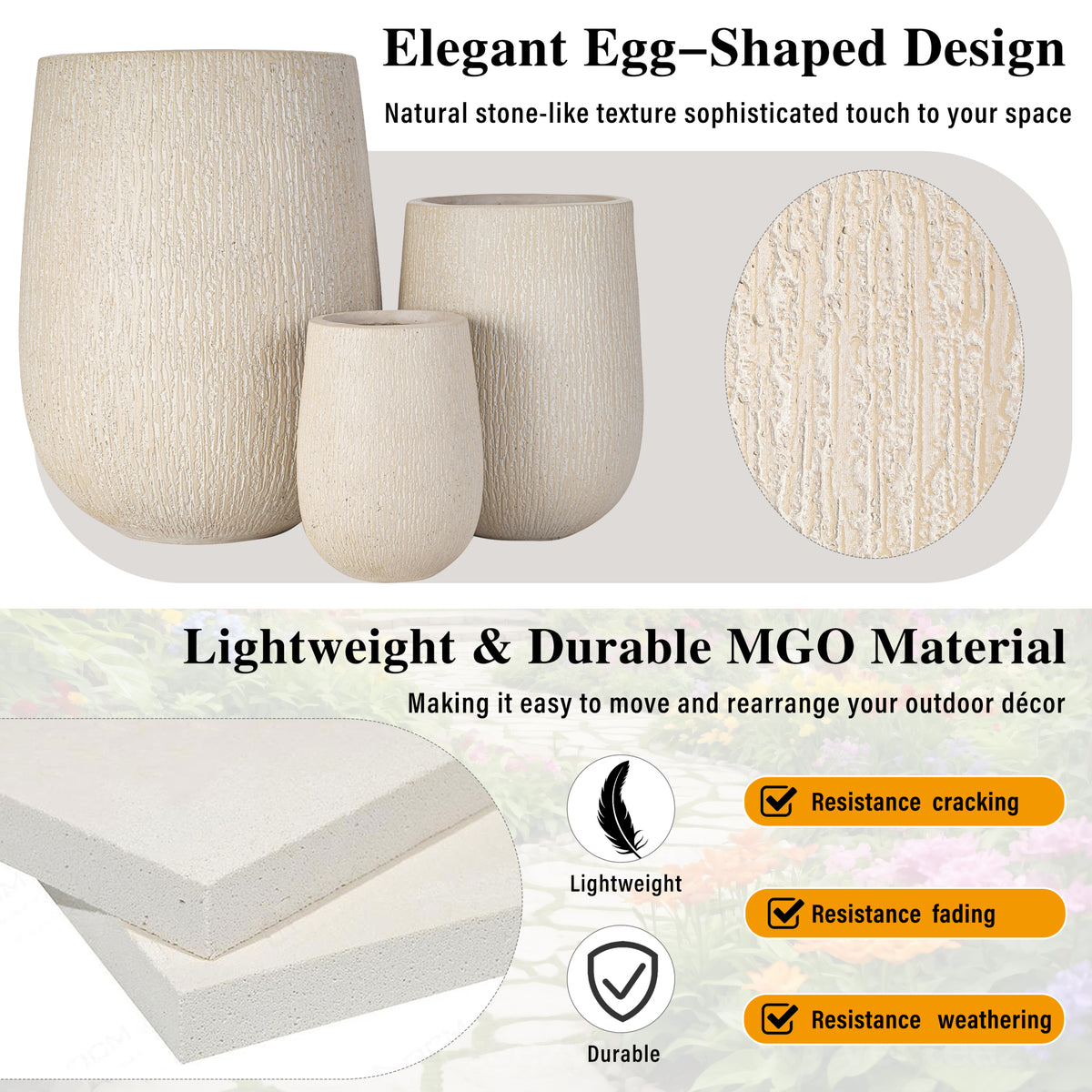 variant-group:rf-n711p406659a|Roomfitters Modern Egg-Shaped MGO Planter Set, 3-Piece Textured Faux Stone Flower Pots, Beige Patio Garden Urns