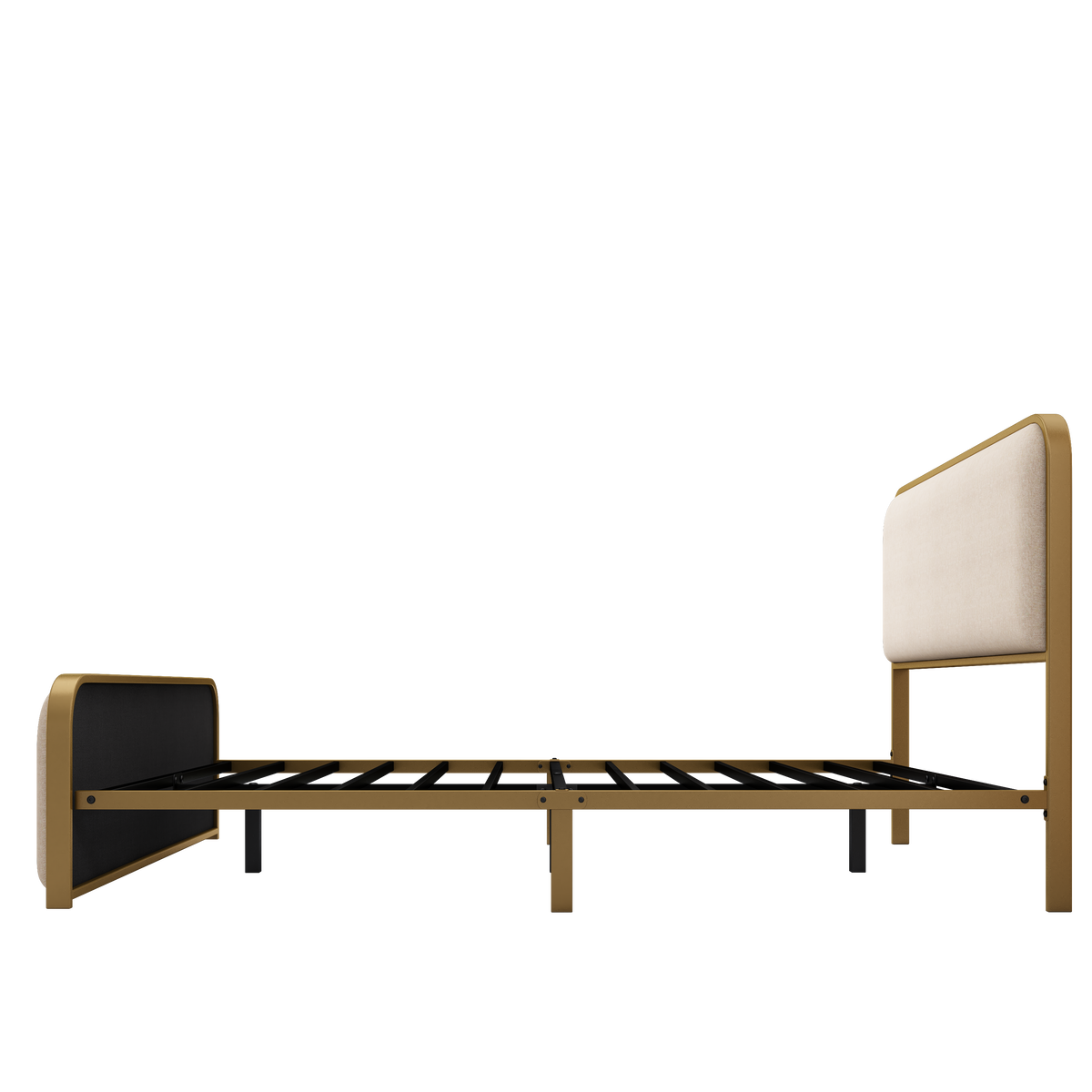 Roomfitters Queen Size Modern Upholstered Platform Bed Frame with Gold Metal Trim, Curved Headboard, No Box Spring, Beige+Gold Roomfitters