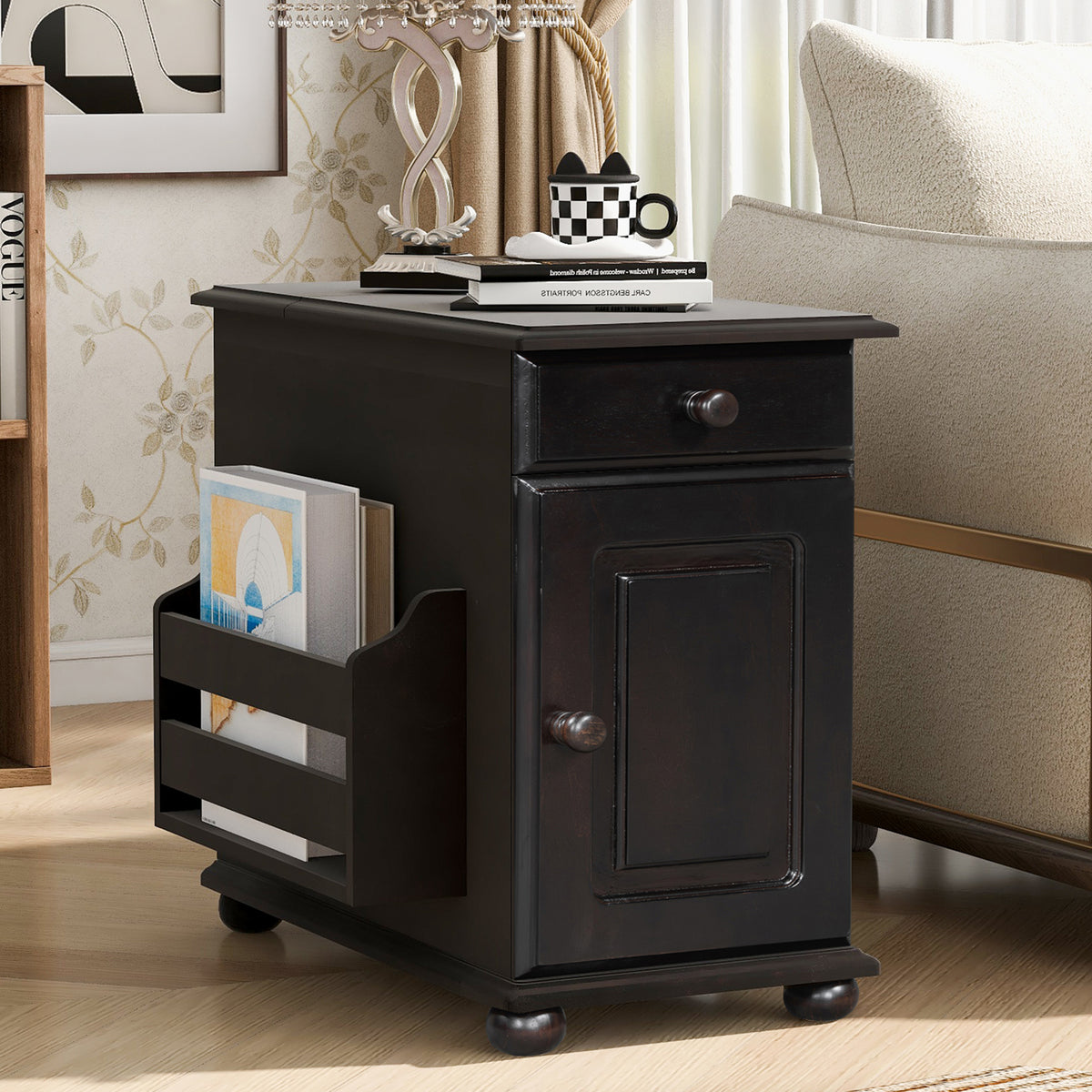 variant-group:rf-n724p293133p|Roomfitters Vintage Sofa Side Table with USB Ports, Flip Top, Cup Holders and Bookshelf Storage for Small Spaces, Espresso