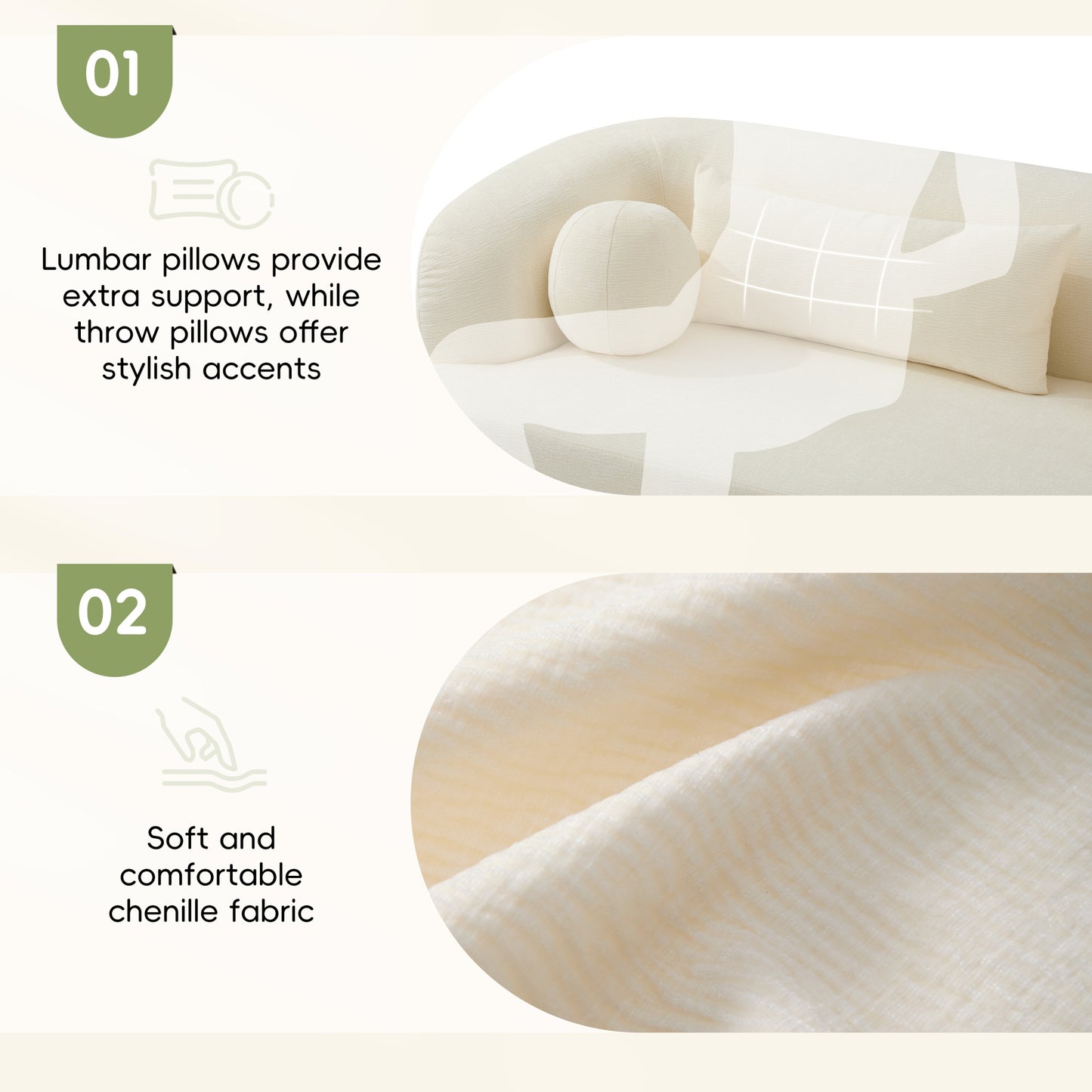 variant-group:rf-n723p404465a|Roomfitters 86 Inch Modern Curvy Sofa, 3-Seater Rounded Upholstered Couch with Plush Throw Pillows for Living Room, Beige