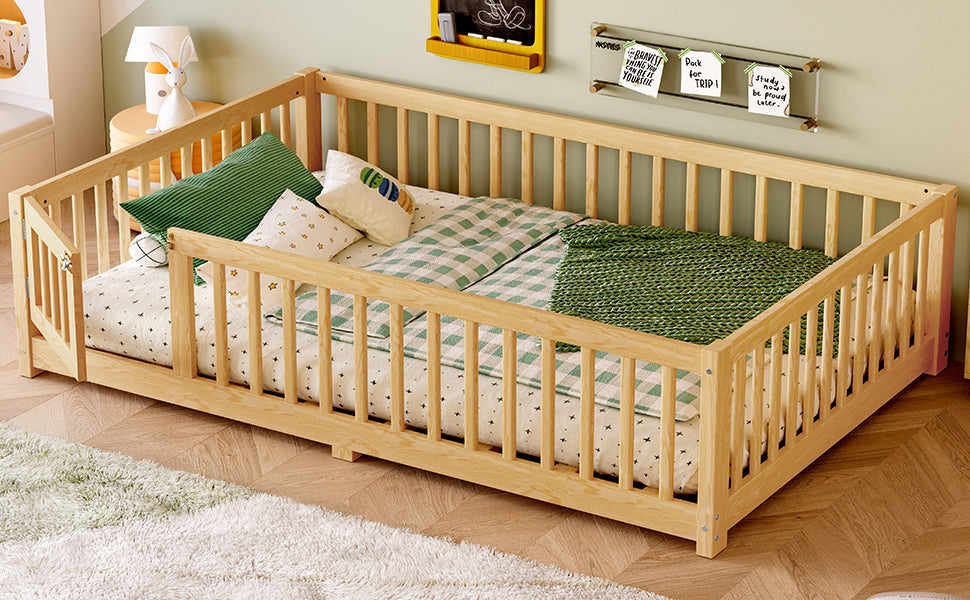 variant-group:rf-w1580p338952|Roomfitters Wooden Full Floor Bed Frame with Door & Safety Guardrails, Low Platform Design for Bedroom or Playroom, Natural
