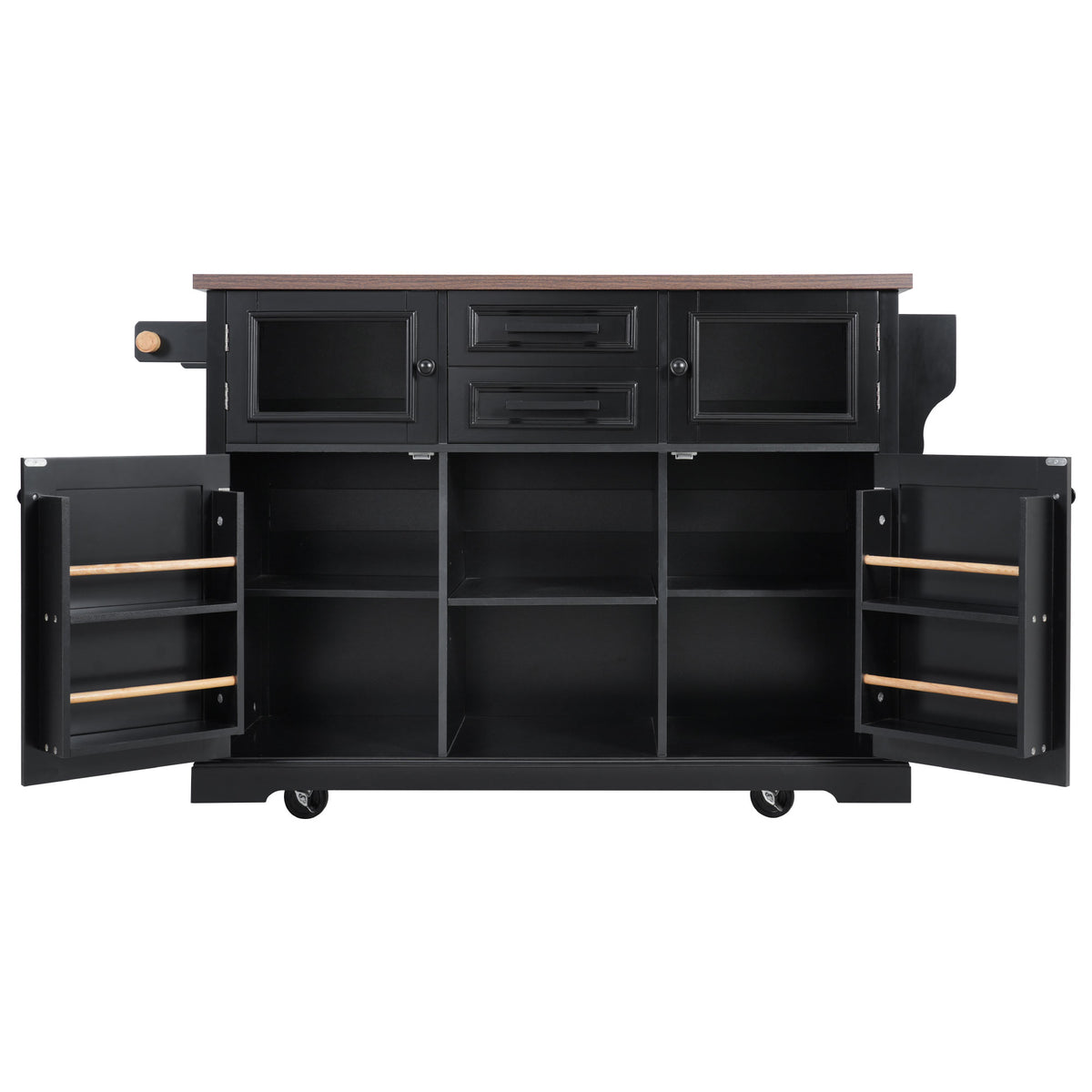 variant-group:rf-n707s300277b|Roomfitters 54.9" Kitchen Island with Drop Leaf, Rolling Kitchen Cart with Barn Door and Glass Door, Storage Cabinet, Black