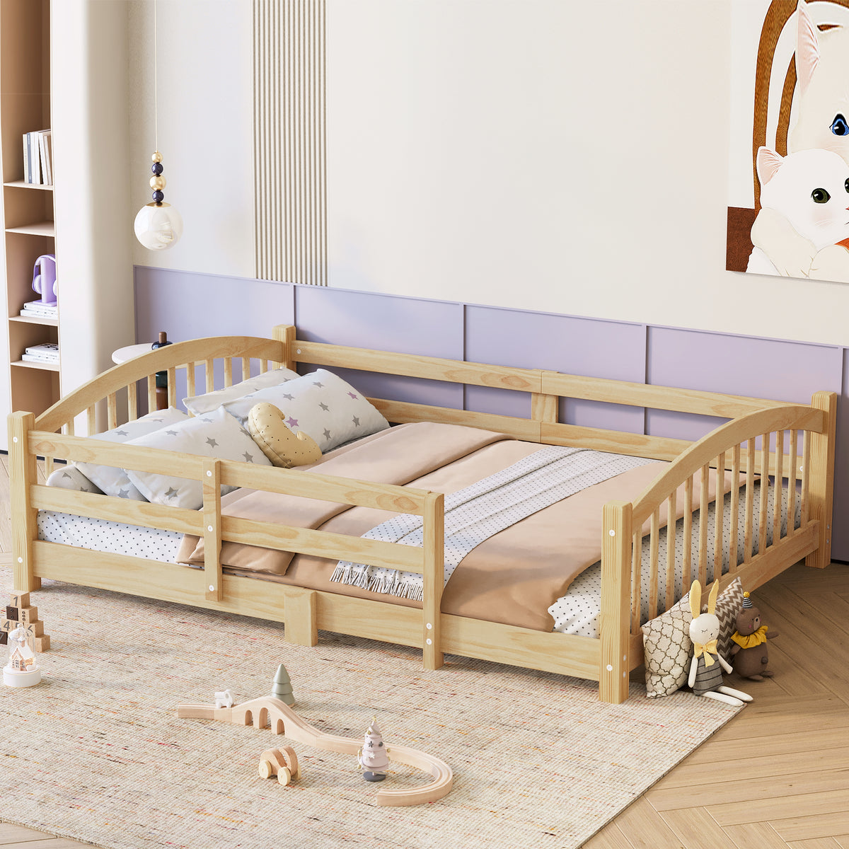 variant-group:rf-n733p400299n|Roomfitters Full Montessori Floor Bed with Guardrails, Solid Wood Low Platform Bed with Slats, Easy Assembly, Natural
