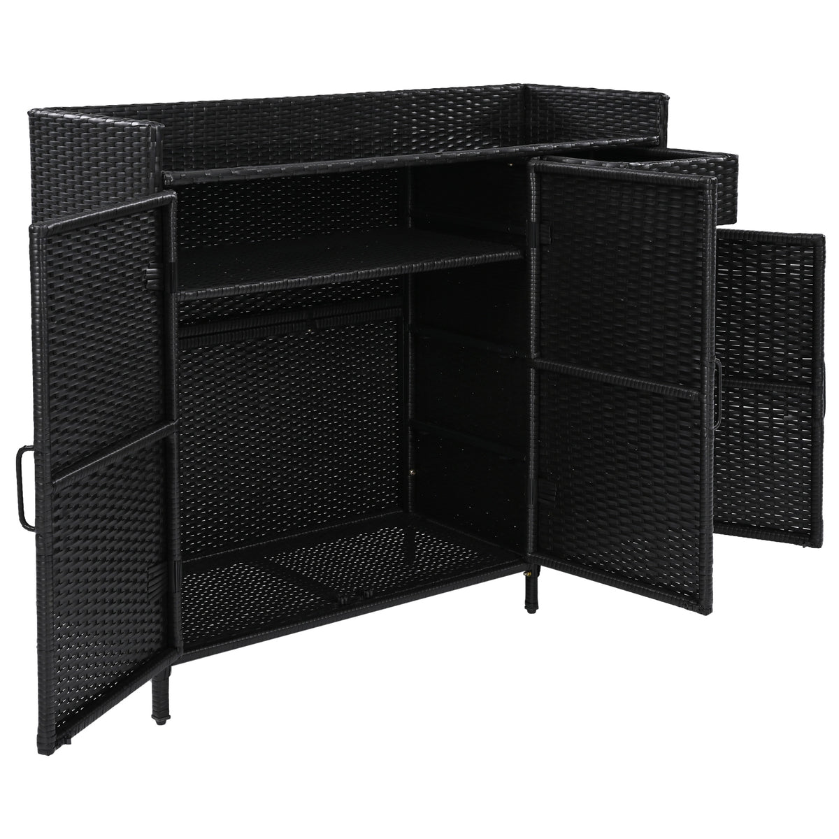 variant-group:rf-n707p233745b|Roomfitters 47.5" Wicker Outdoor Storage Cabinet, Rattan Bar Table with Glass Top, Adjustable Shelf, 3 Doors, Black Brown