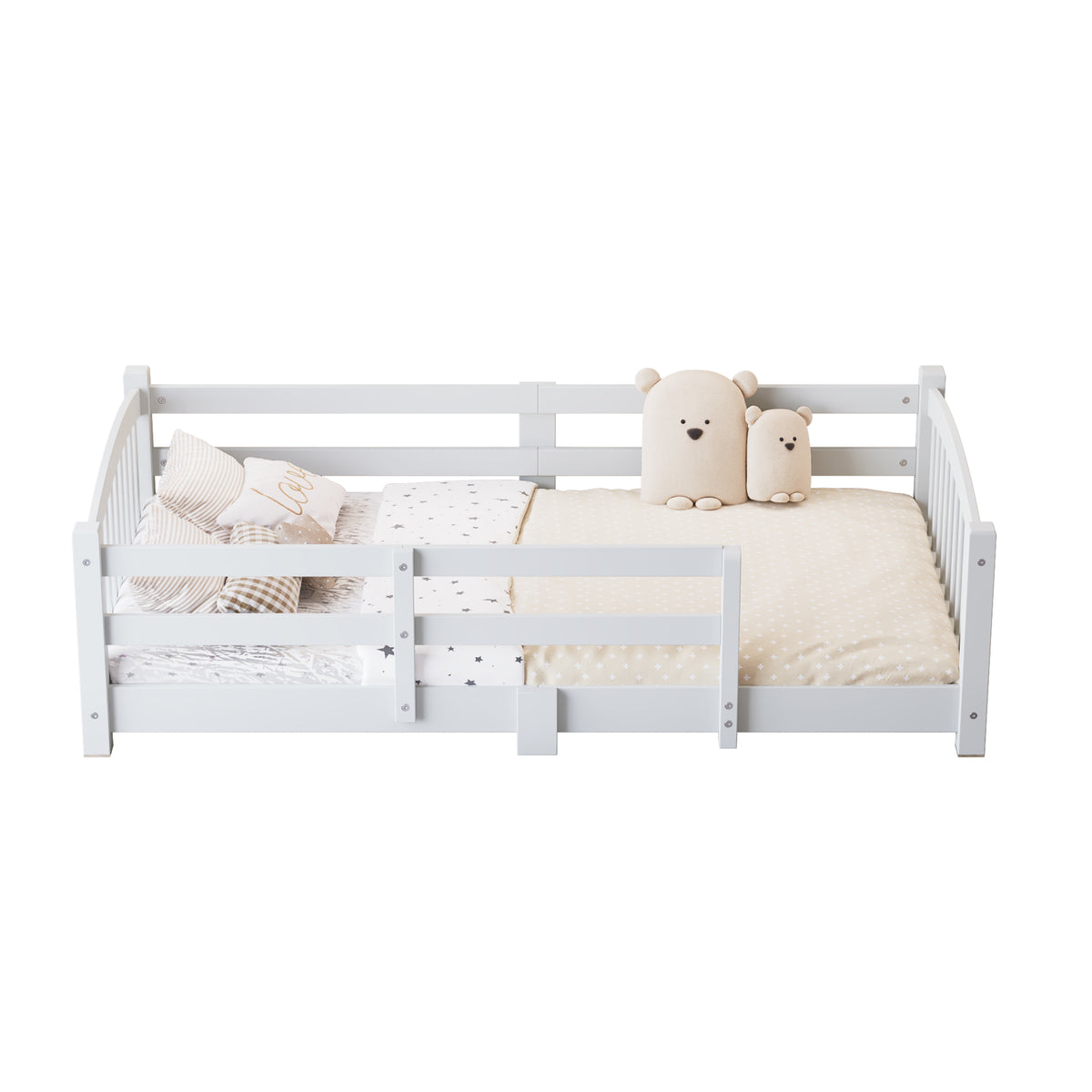 variant-group:rf-n733p400298k|Roomfitters Twin Montessori Floor Bed with Guardrails, Solid Wood Low Platform Bed with Slats, Easy Assembly, White