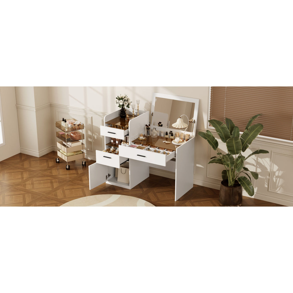 Roomfitters 3-in-1 Compact Space-Saving Vanity Desk with Flip Top Mirror and Amber Tempered Glass Top White Roomfitters