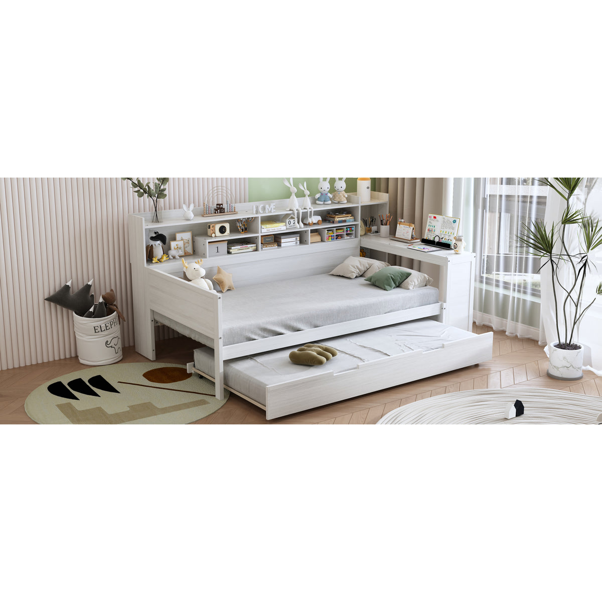 variant-group:rf-n733s373389k|Roomfitters Twin Daybed with Trundle, Storage Shelves and Desk, Wooden Multi-Functional Bed, Antique White