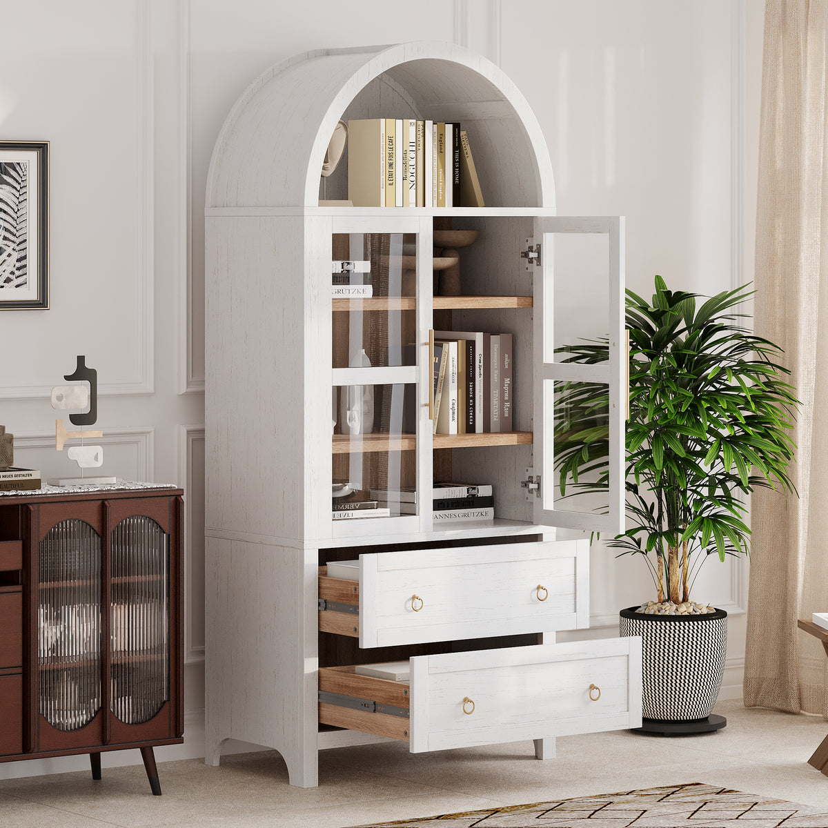 variant-group:rf-n707p288972w|Roomfitters 71" Pantry Cabinet with Arched Top and Glass Doors, 2 Storage Drawers and Adjustable Shelves for Kitchen, White