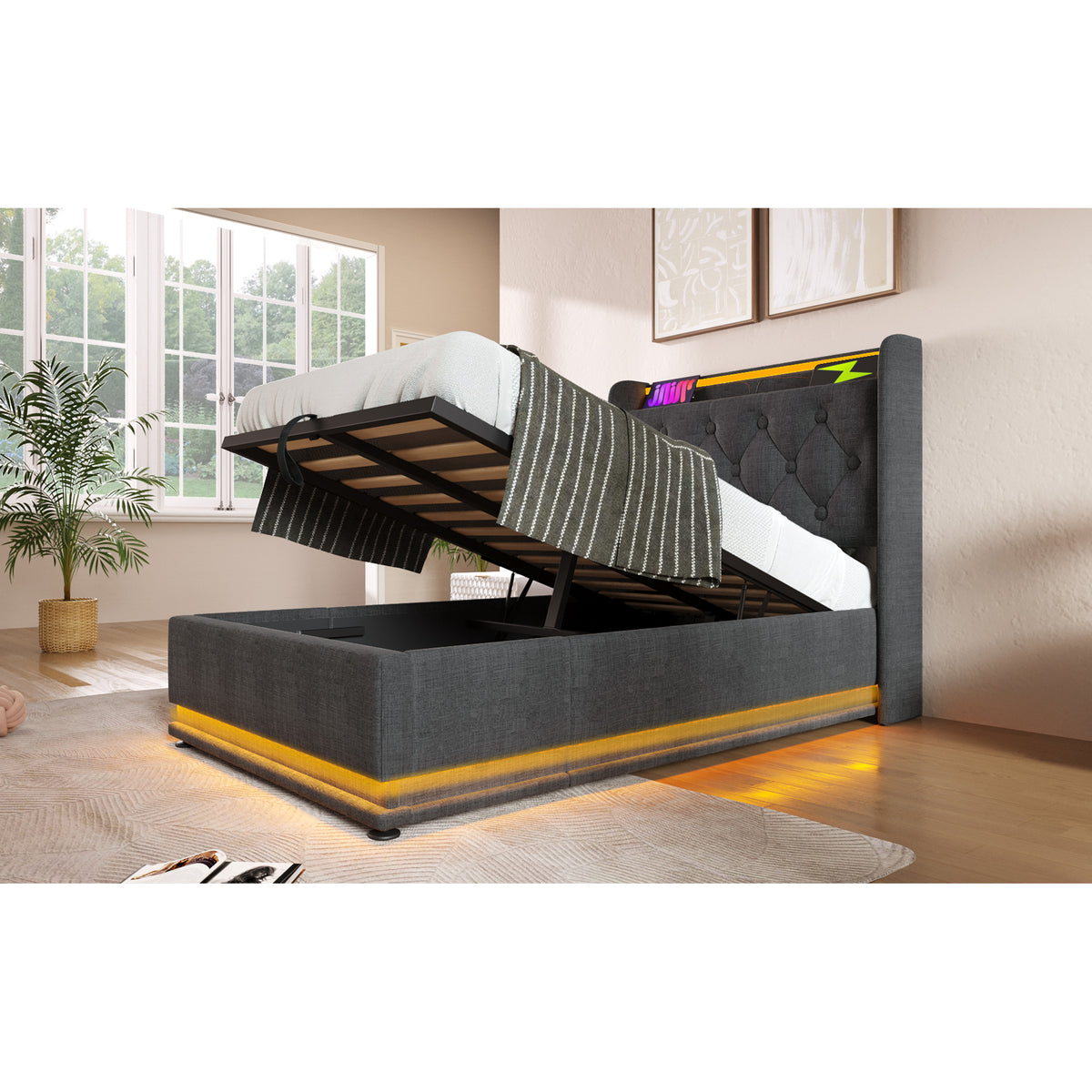 variant-group:rf-n736p188805g|Roomfitters Twin Size Upholstered Storage Bed with USB Type-C Charging and Remote Control, Linen Gray