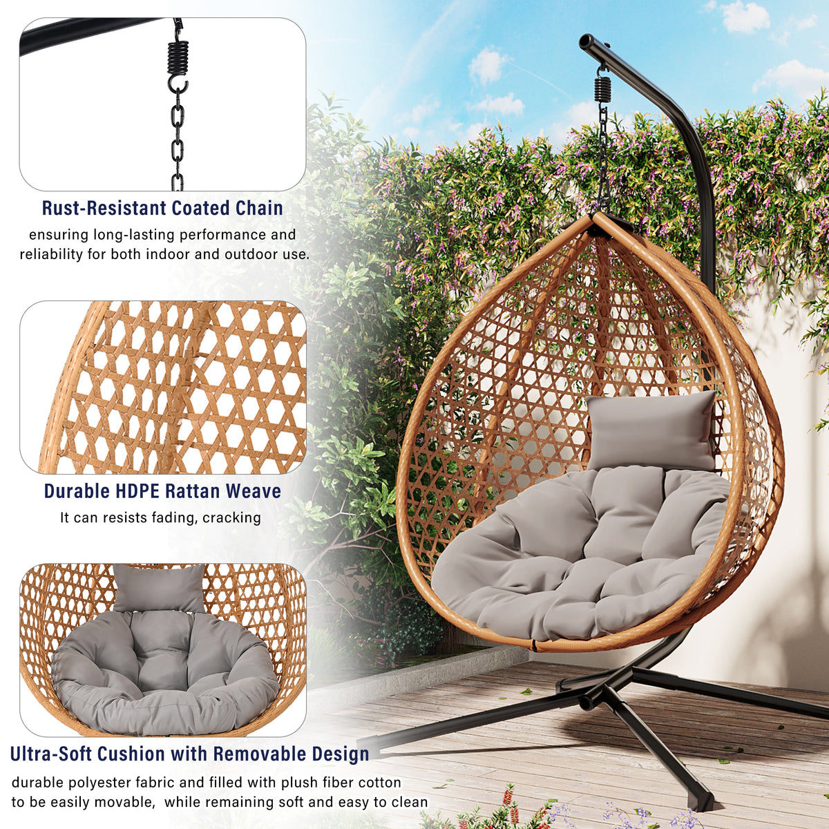 variant-group:rf-n711p255131s|Roomfitters Hanging Egg Chair with Stand, Rattan Wicker Swing Chair with Cushion for Indoor Outdoor Patio Balcony, Brown
