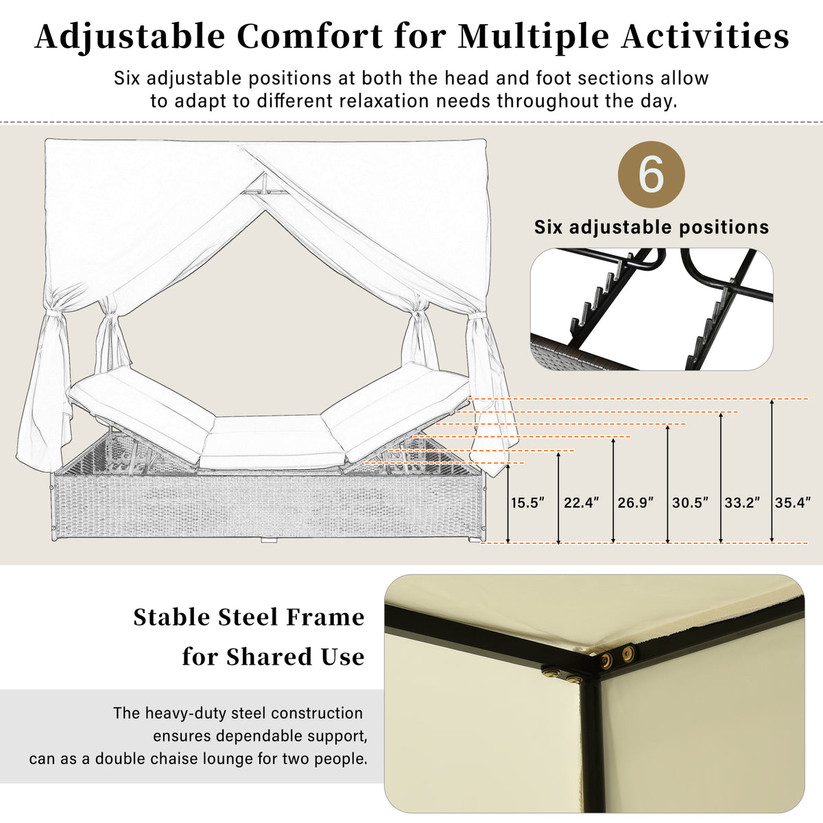 variant-group:rf-n711wy000476aak|Roomfitters Luxury Cabana Beige Outdoor Double Chaise Lounge Patio Daybed, Privacy Curtains, Adjustable Reclining