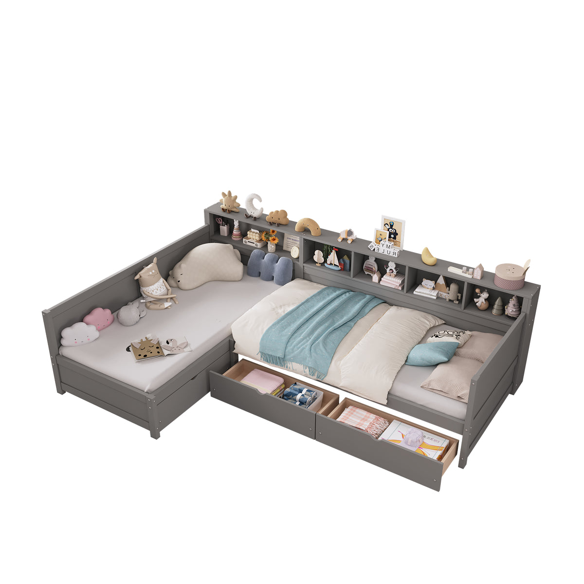 variant-group:rf-n733s369272e|Roomfitters Twin L-Shaped Daybed for 2 with 3 Storage Drawers, Wooden Corner Bed Frame with Bookshelf for Bedroom, Gray