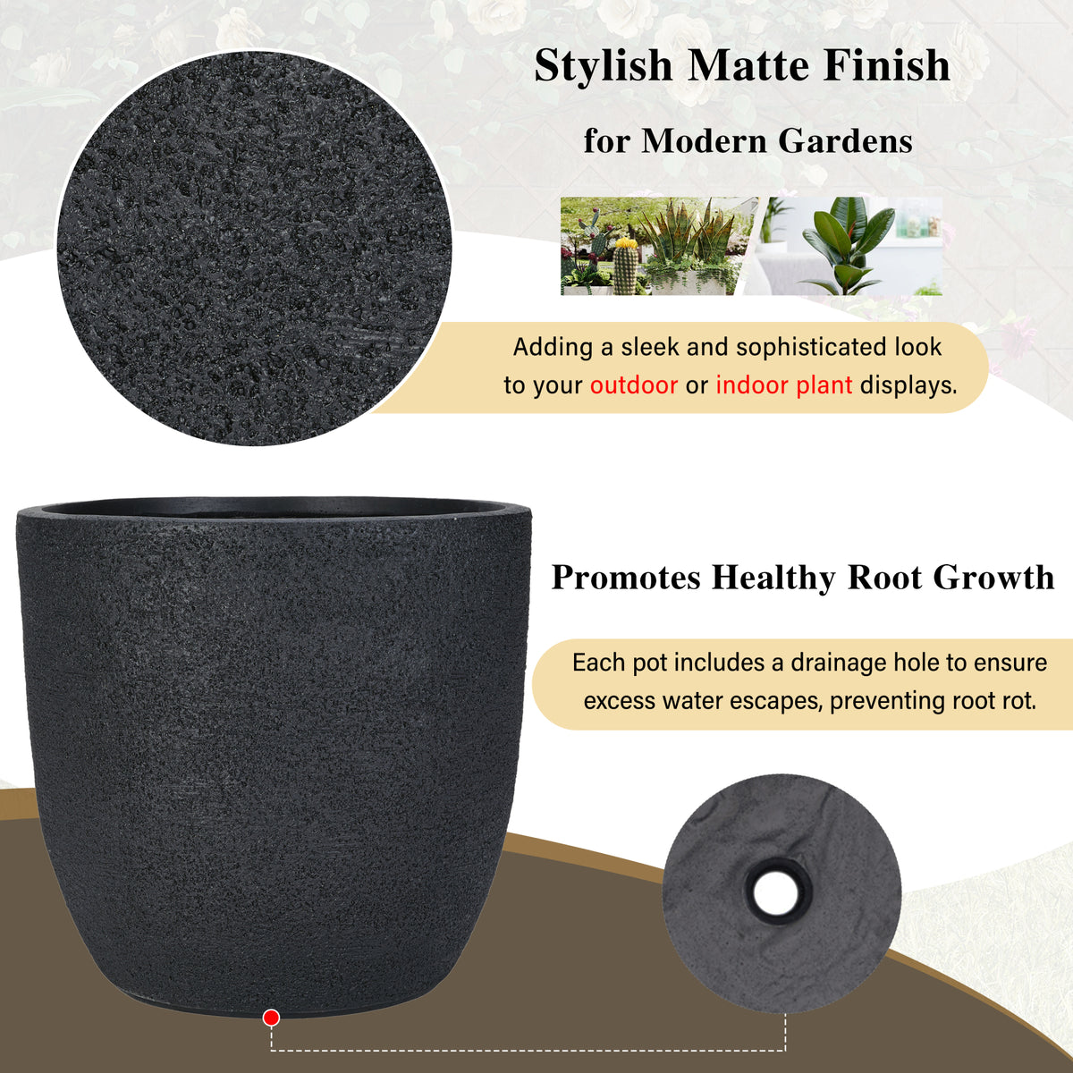 variant-group:rf-n711p406670b|Roomfitters Lightweight Matte Textured MGO Planter Set, 3-Piece Graduated Flower Pots, Black Concrete-Look Stackable