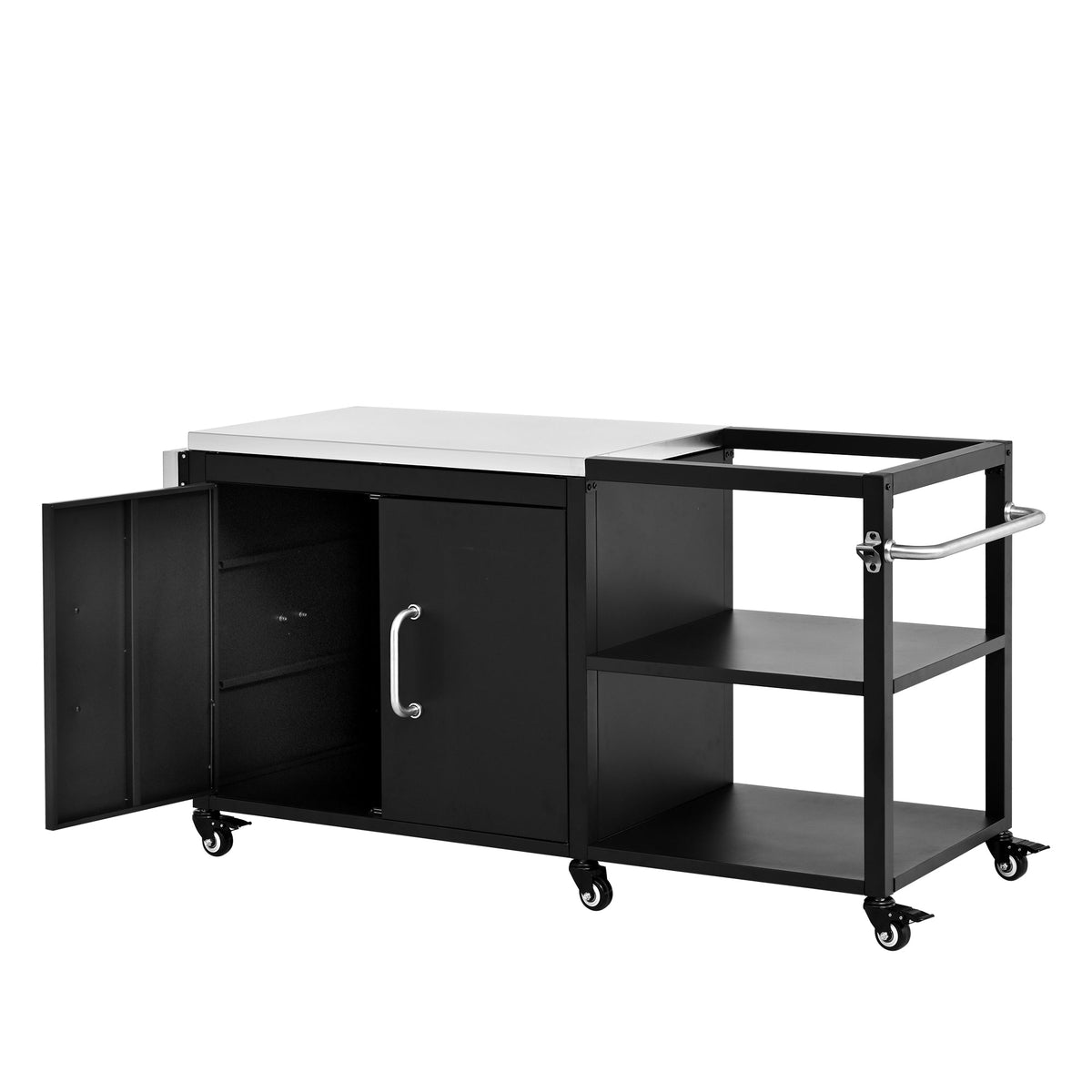 Roomfitters 76.6" Grill Cart with Stainless Steel Top and Kamado Nest, Folding Drop Leaf Prep Station, Mobile Cabinet, Black