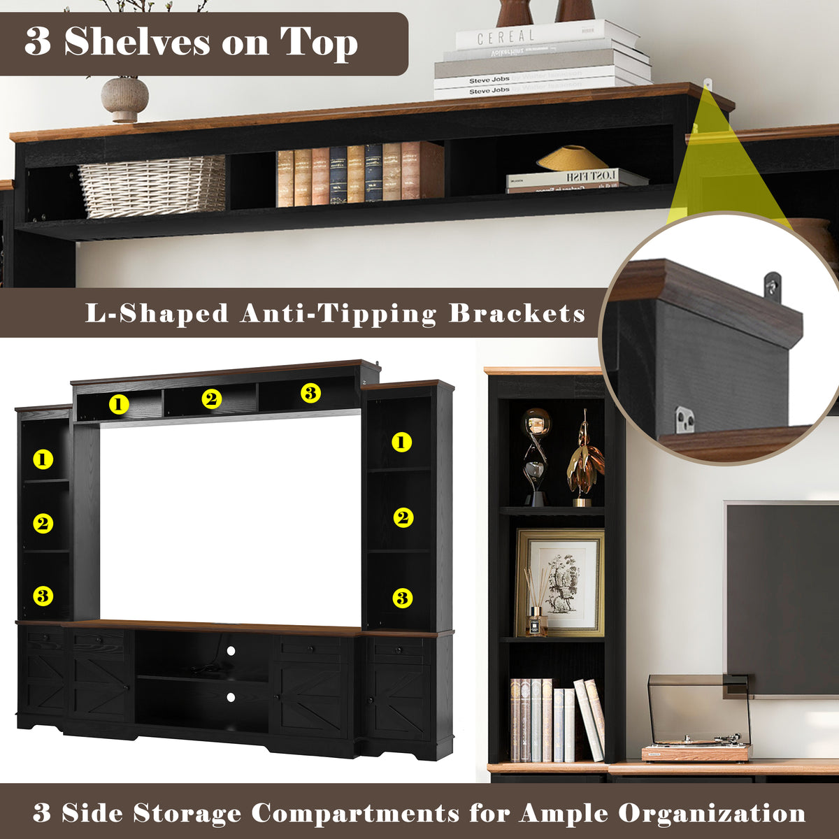 variant-group:rf-n724sj000154aab|Roomfitters 98.8"W Farmhouse Wall Unit Entertainment Center, 4 Barn Doors, Black & Brown