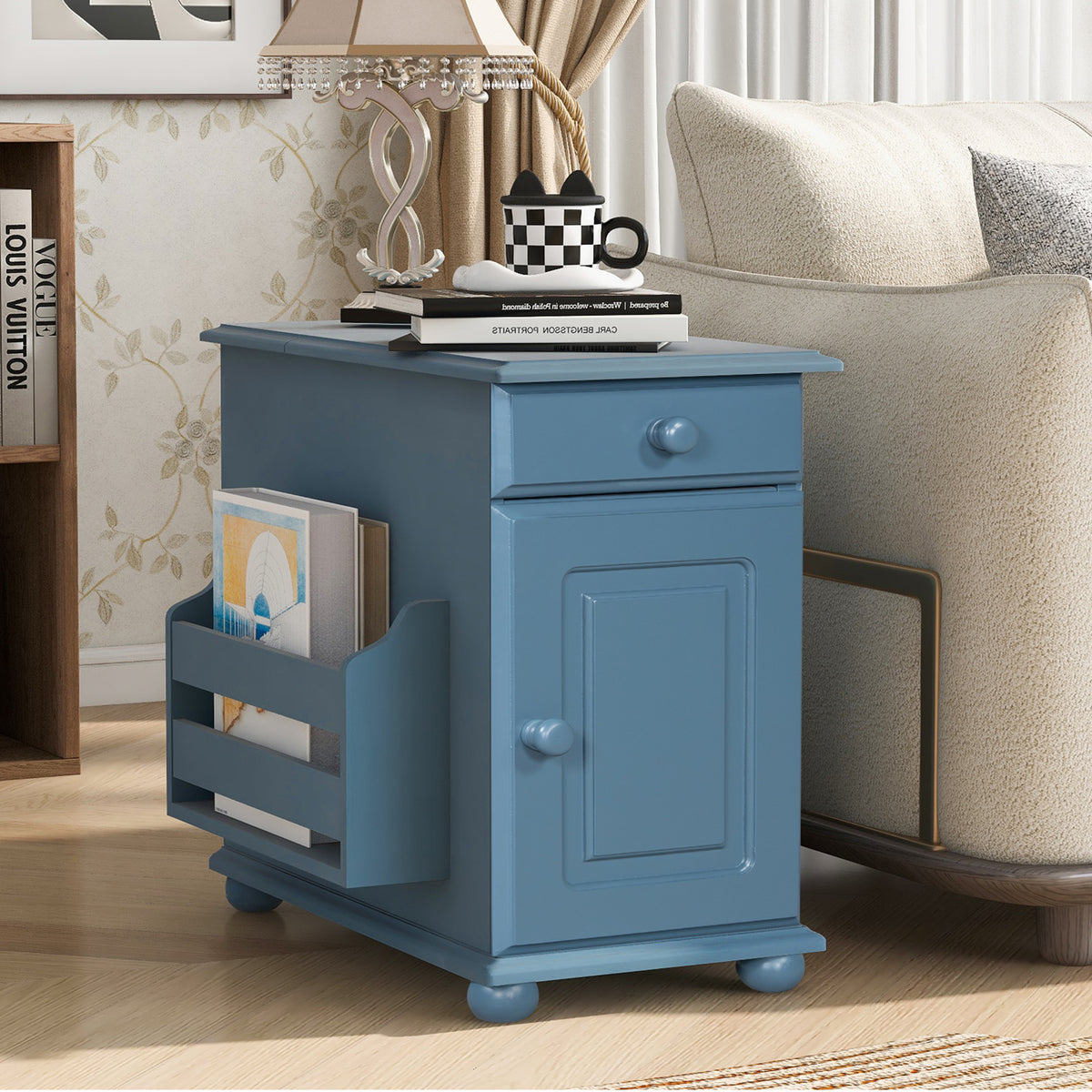 variant-group:rf-n724p293133m|Roomfitters Vintage Sofa Side Table with USB Ports, Flip Top, Cup Holders and Bookshelf Storage for Small Spaces, Navy Blue