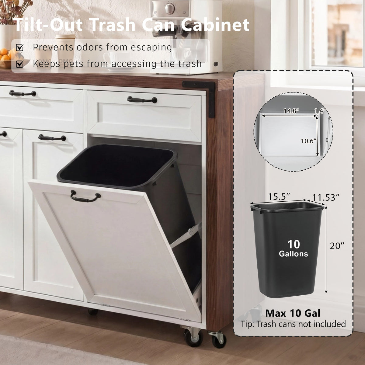 variant-group:rf-n707s000026w|Roomfitters 102.3" Kitchen Island with Tilt Out Trash Can Cabinet, Rolling Storage Cart, Slide-out Spice Rack, White