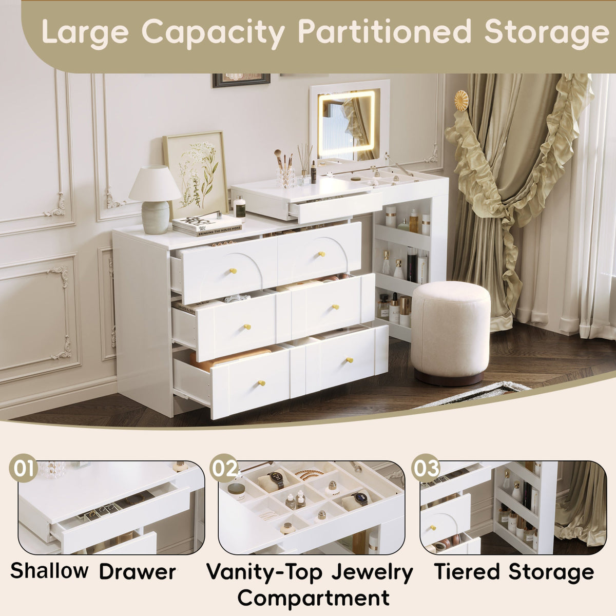 Roomfitters Vanity Desk with Mirror & Lights, Flip-Top Makeup Table with 7 Drawers, 9 Compartments, 3 Shelves, White