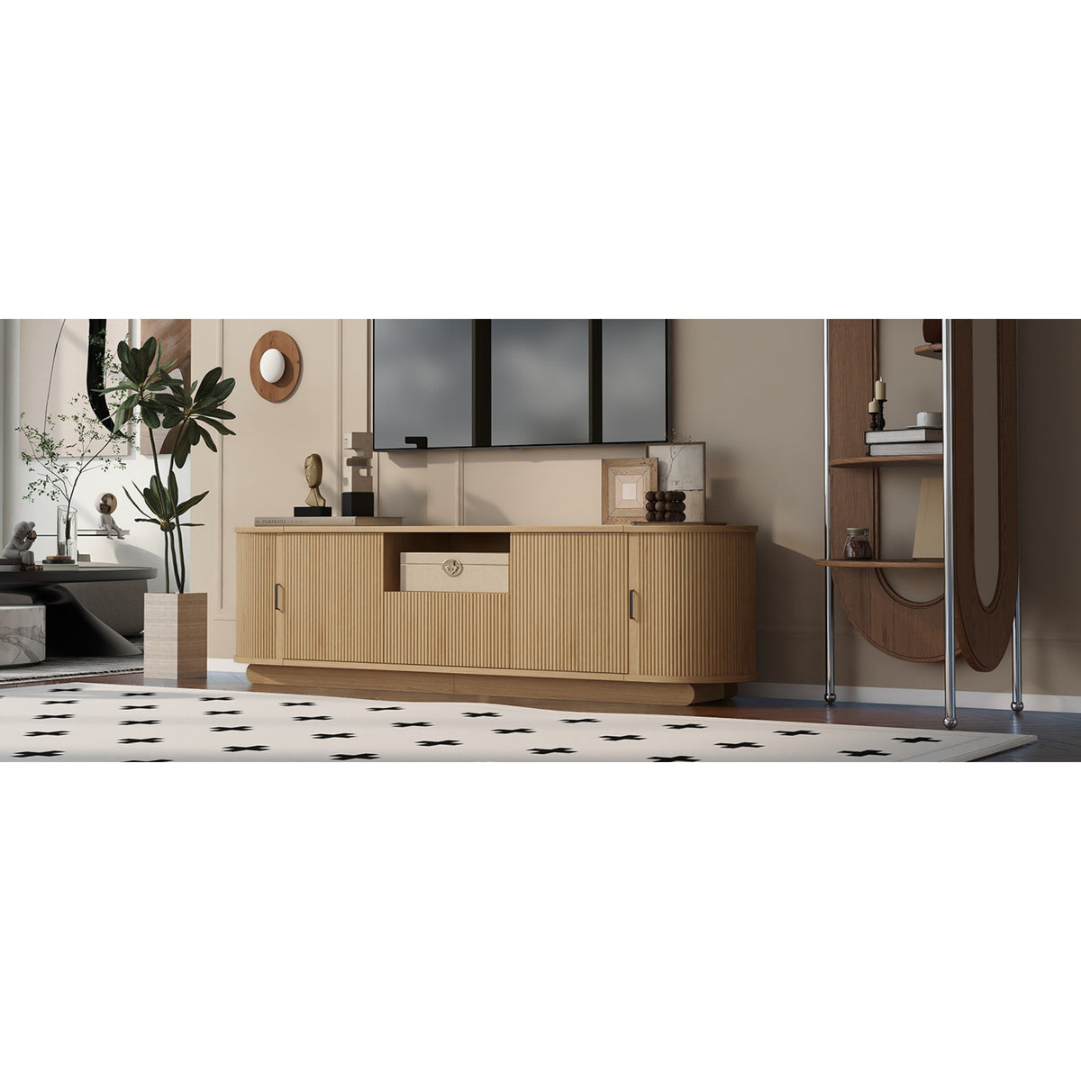 Roomfitters American Style TV Stand Console with Hidden Sliding Doors, Acacia Wood Roomfitters