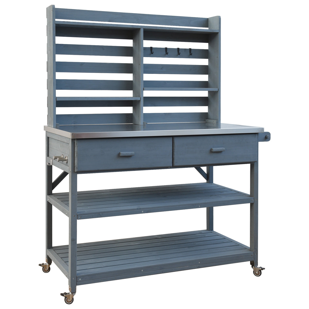 variant-group:rf-n707p228274g|Roomfitters 64.9" Outdoor Potting Bench Table, Rolling Kitchen Island with Hutch, Stainless Steel Top, Storage, Grey Blue