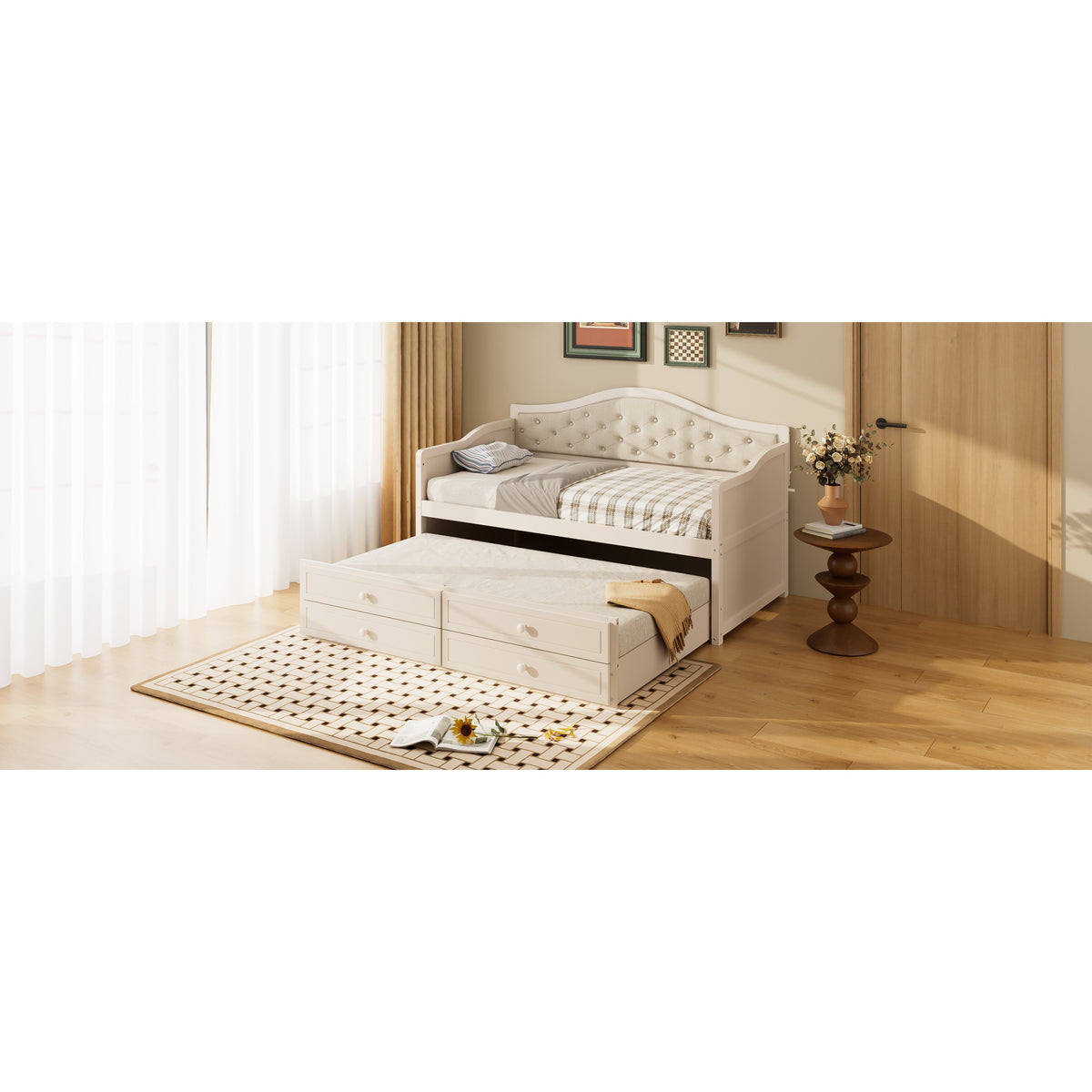 variant-group:rf-n733s346767a|Roomfitters Twin Daybed with Trundle, Wooden Sofa Bed with 2 Storage Drawers & Tufted Backrest, Beige