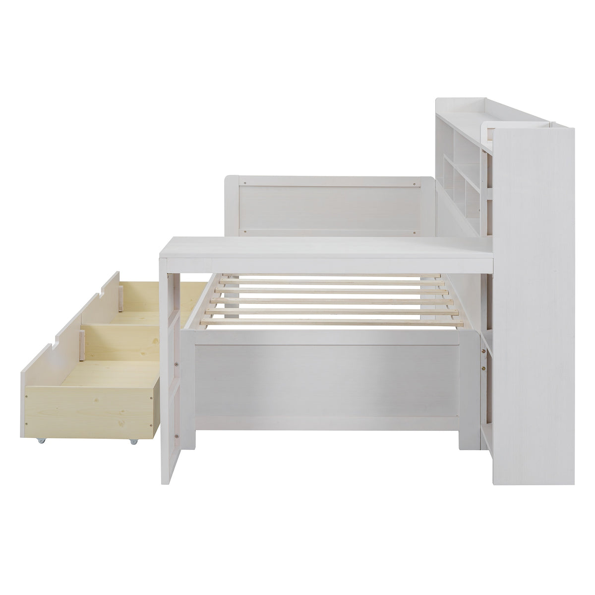 variant-group:rf-n733s241484k|Roomfitters Wooden Twin Size Daybed with Storage Shelves, Multi-functional Bed with Two Storage Compartments and Study Desk, Antique White