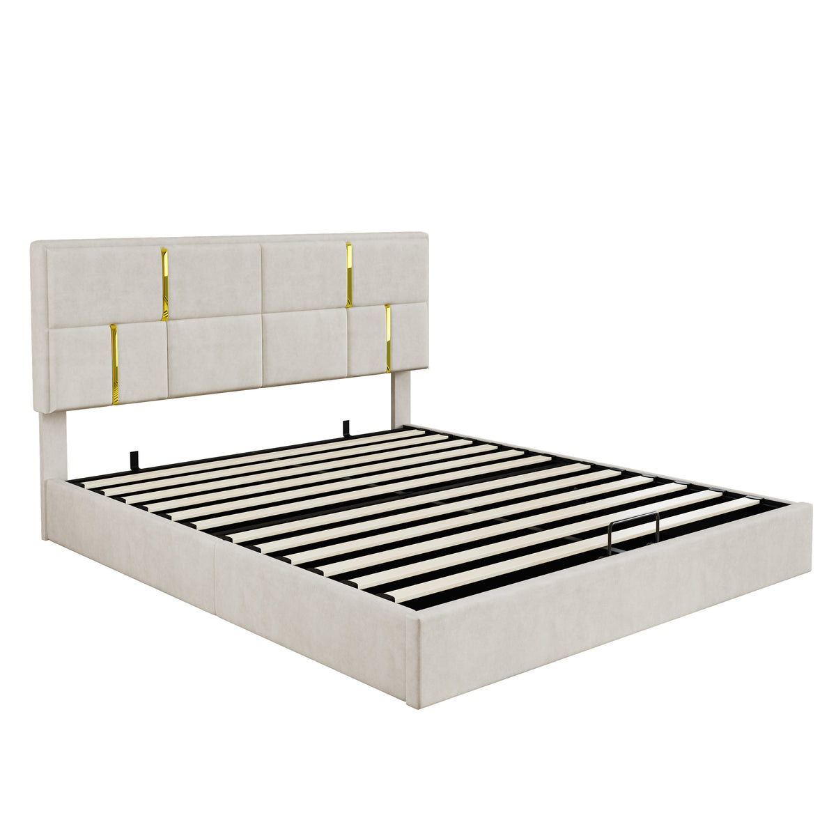 variant-group:rf-n733s362241a|Roomfitters Queen Upholstered Platform Bed with Hydraulic Storage Lift, Modern Bed Frame, No Box Spring Required, Beige
