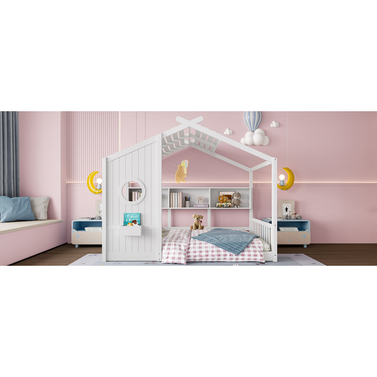 variant-group:rf-n733p335068k|Roomfitters Full Size Floor House Bed with Storage Shelf and Roof Design, Montessori Playhouse Bed, White