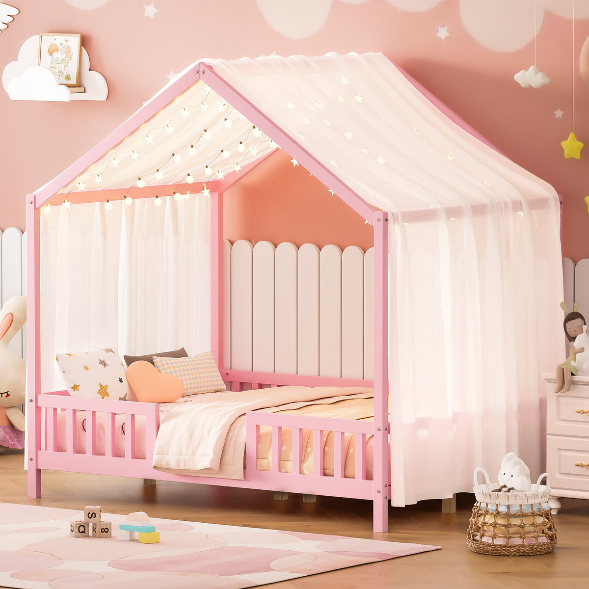 variant-group:rf-n733p356048h|Roomfitters Full Montessori Floor Bed with Canopy, House Shape Wood Frame with Safety Rails, Platform Bed, Pink
