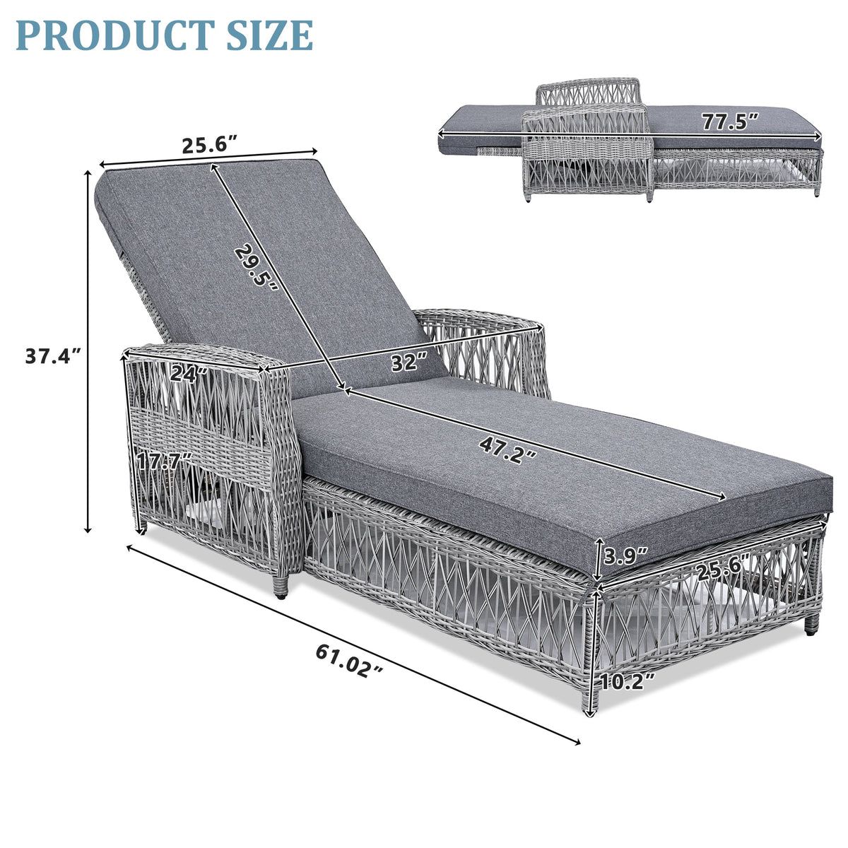 Roomfitters Outdoor Reclining Chaise, Adjustable Wicker Lounge Chair with Armrests & Cushions for poolside, Set of 2, Grey Roomfitters