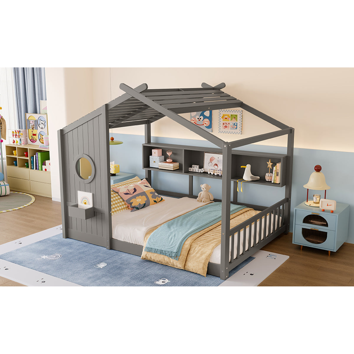 variant-group:rf-n733p335068e|Roomfitters Full Size Floor House Bed with Storage Shelf and Roof Design, Montessori Playhouse Bed, Gray