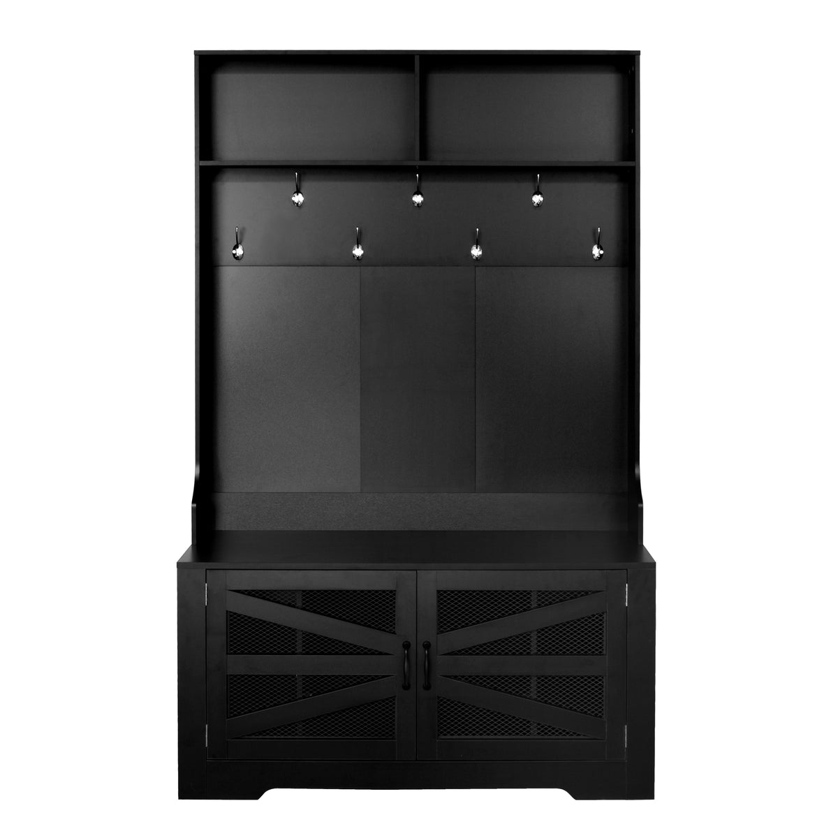 variant-group:rf-n724p264668b|Roomfitters 3-in-1 Entryway Bench with Coat Rack, Adjustable Shelves and 7 Hooks, 43.3" Hall Tree for Entrance or Living Room, Black