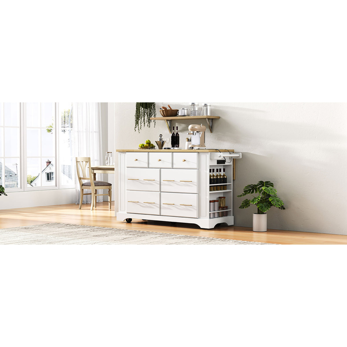 variant-group:rf-n707s307292w|Roomfitters 51" Kitchen Island with Power Outlet and Drop Leaf, Rolling Cabinet with Pull-Out Trash Can Drawer, White