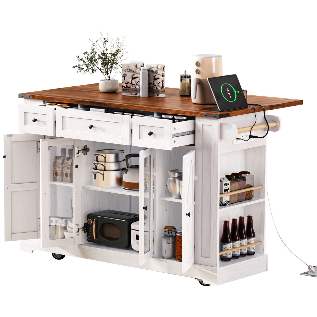 variant-group:rf-n707p263637w|Roomfitters 53" Rolling Kitchen Island with Drop Leaf, Mobile Cart with Glass Doors, 5 Side Shelves & Power Outlets, White