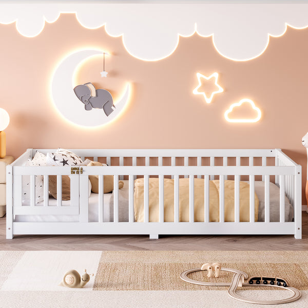 Roomfitters Wooden Twin/Full/Queen Floor Bed Frame with Door & Safety Guardrails, Low Platform Design for Bedroom or Playroom