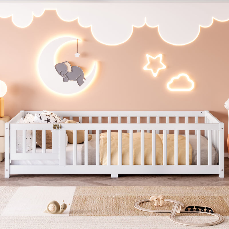 variant-group:rf-w1580p338944|Roomfitters Wooden Twin Floor Bed Frame with Door & Safety Guardrails, Low Platform Design for Bedroom or Playroom, White