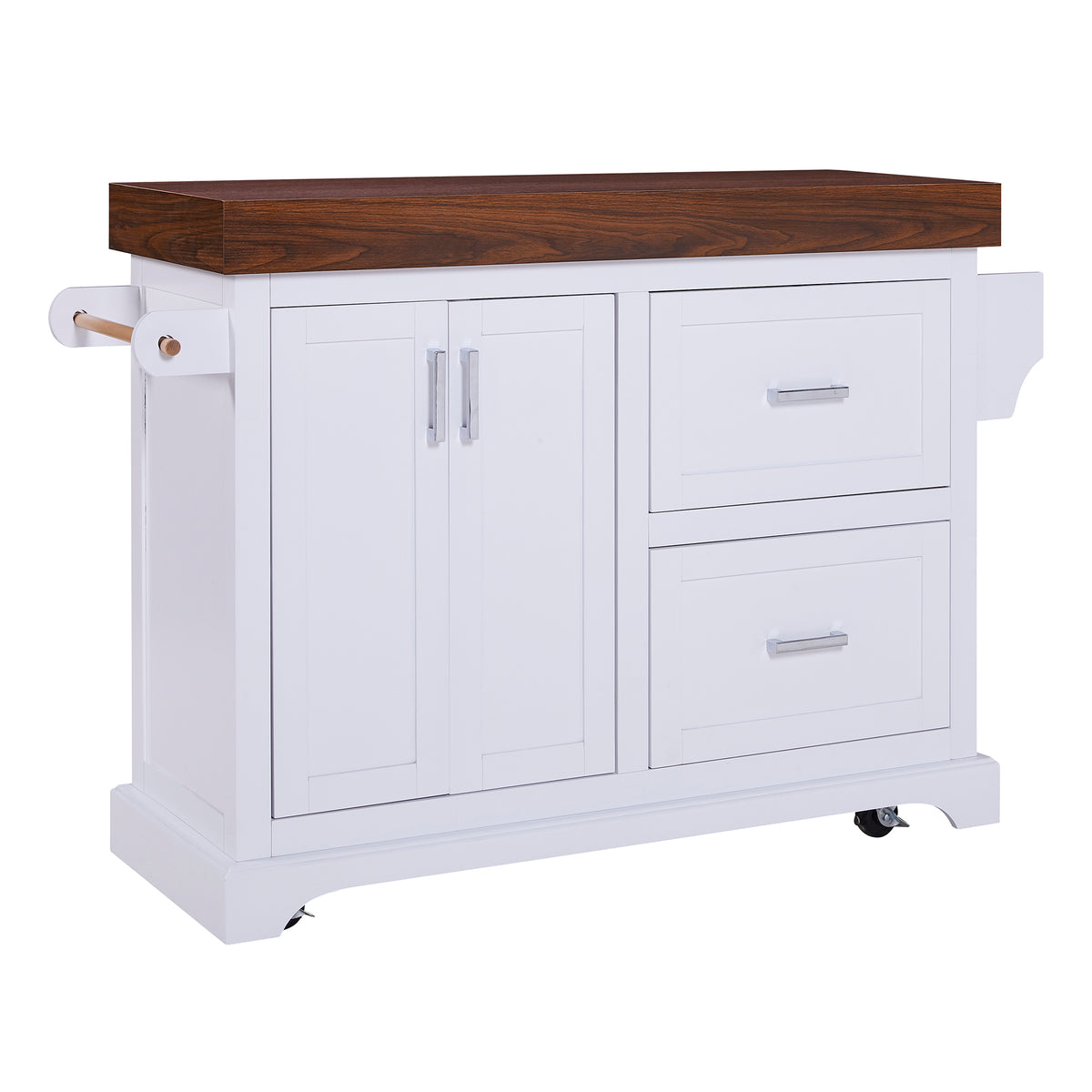 variant-group:rf-n707s000025w|Roomfitters 53" Kitchen Island with Butcher Block Top, Storage Cabinet with Drawers, Spice Rack and Towel Holder, White