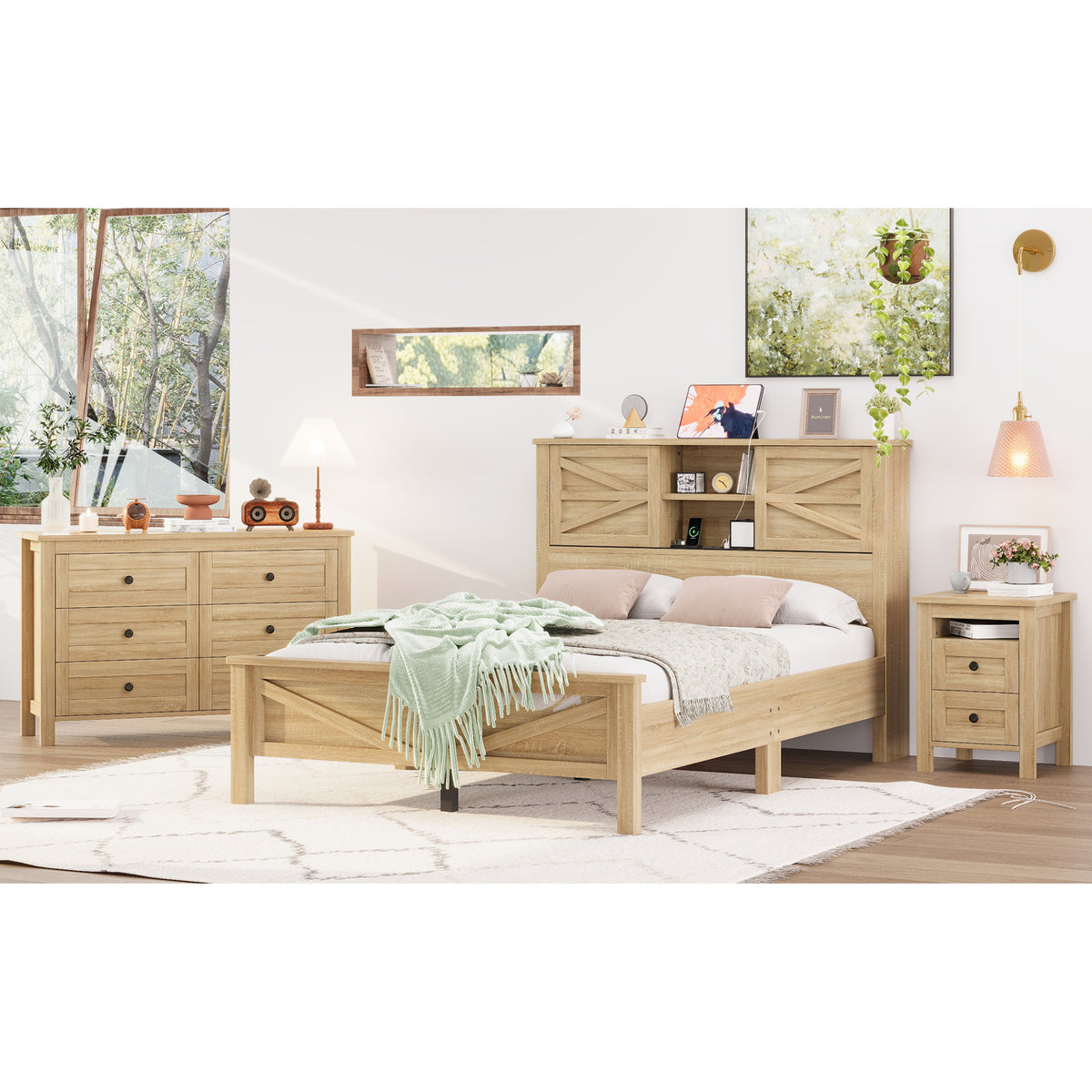 variant-group:rf-n733s369048m|Roomfitters 3 Piece Bedroom Set, Full Farmhouse Platform Bed with Sliding Headboard, Bedside Tables, Natural